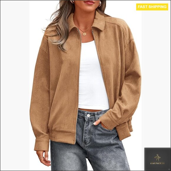 Jackets & Blazers - Oversized Faux Suede Bomber Jacket Women's Casual Zip Up Outerwear
